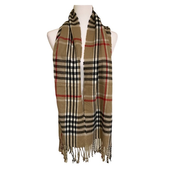 Scarf Beige Plaid Scarf Unisex Fringe Scarf - Picture 4 of 5